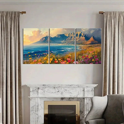 3pcs Mountain Landscape Vibrant Flowers Coastal Metal Print Ready to Hang Art