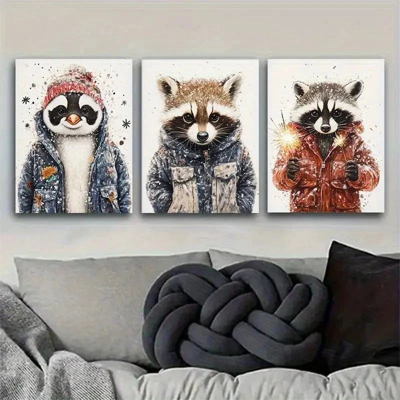 3pcs Penguins and Raccoons in Cozy Jackets Metal Print Ready to Hang Art