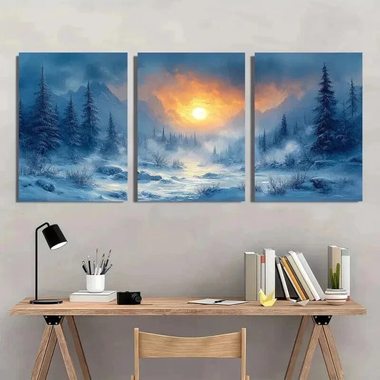 3pcs Snowy Forest and Mountain Scenery with Sun Wall Art Set Canvas Framed 40x60cm - High Quality Print 100% Australian Made Wall Canvas Ready to Hang