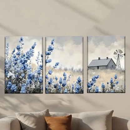 3pcs Farmhouse with Vibrant Blue Flowers Wall Art Set Canvas Framed 40x60cm - High Quality Print 100% Australian Made Wall Canvas Ready to Hang