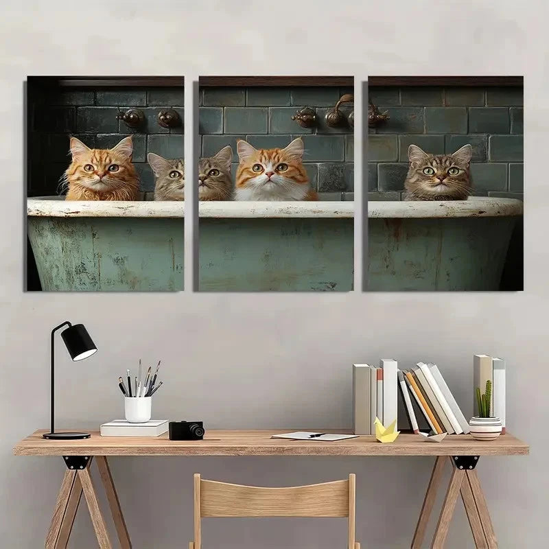 3pcs Playful Cat Vintage Painting Wall Art Set Canvas Framed 40x60cm - High Quality Print 100% Australian Made Wall Canvas Ready to Hang