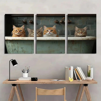 3pcs Playful Cat Vintage Painting Wall Art Set Canvas Framed 40x60cm - High Quality Print 100% Australian Made Wall Canvas Ready to Hang