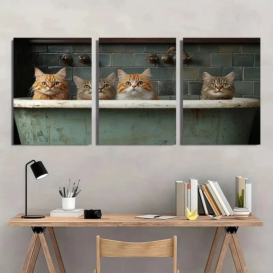 3pcs Playful Cat Vintage Painting Wall Art Set Canvas Framed 40x60cm - High Quality Print 100% Australian Made Wall Canvas Ready to Hang