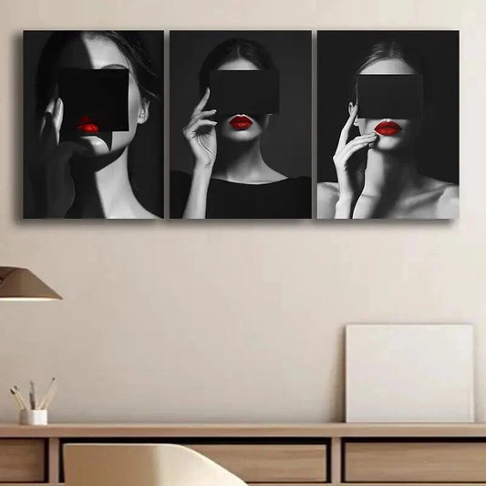 3pcs Modern Black and White Woman with Red Wall Art Set Canvas Framed 60x90cm - High Quality Print 100% Australian Made Wall Canvas Ready to Hang