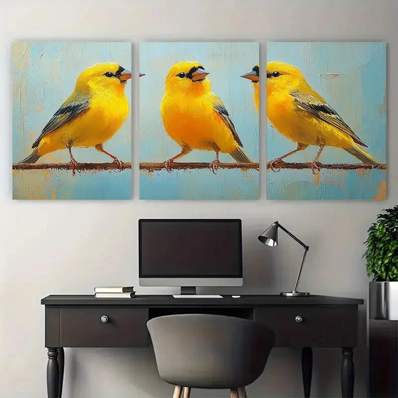3pcs Vibrant Yellow Goldfinch Minimalist Design Wall Art Set Canvas Framed 40x60cm - High Quality Print 100% Australian Made Wall Canvas Ready to Hang