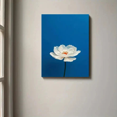 Beautiful Elegant White Flower Blue Painting  60x90cm Metal Print Ready to Hang