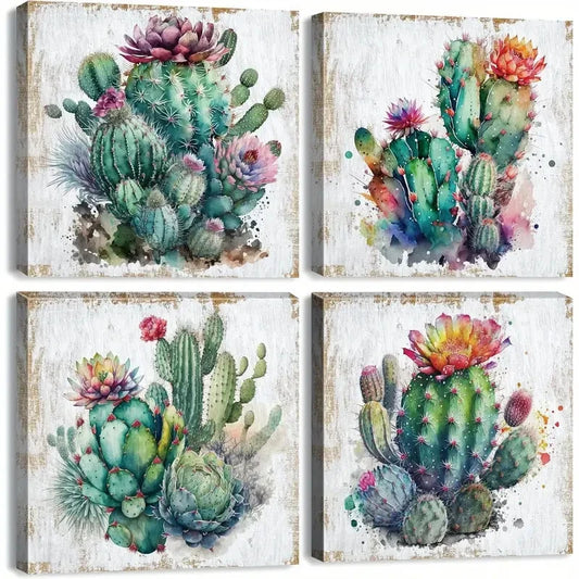 4pcs Cactus Decor Succulent  Wall Art Canvas Framed