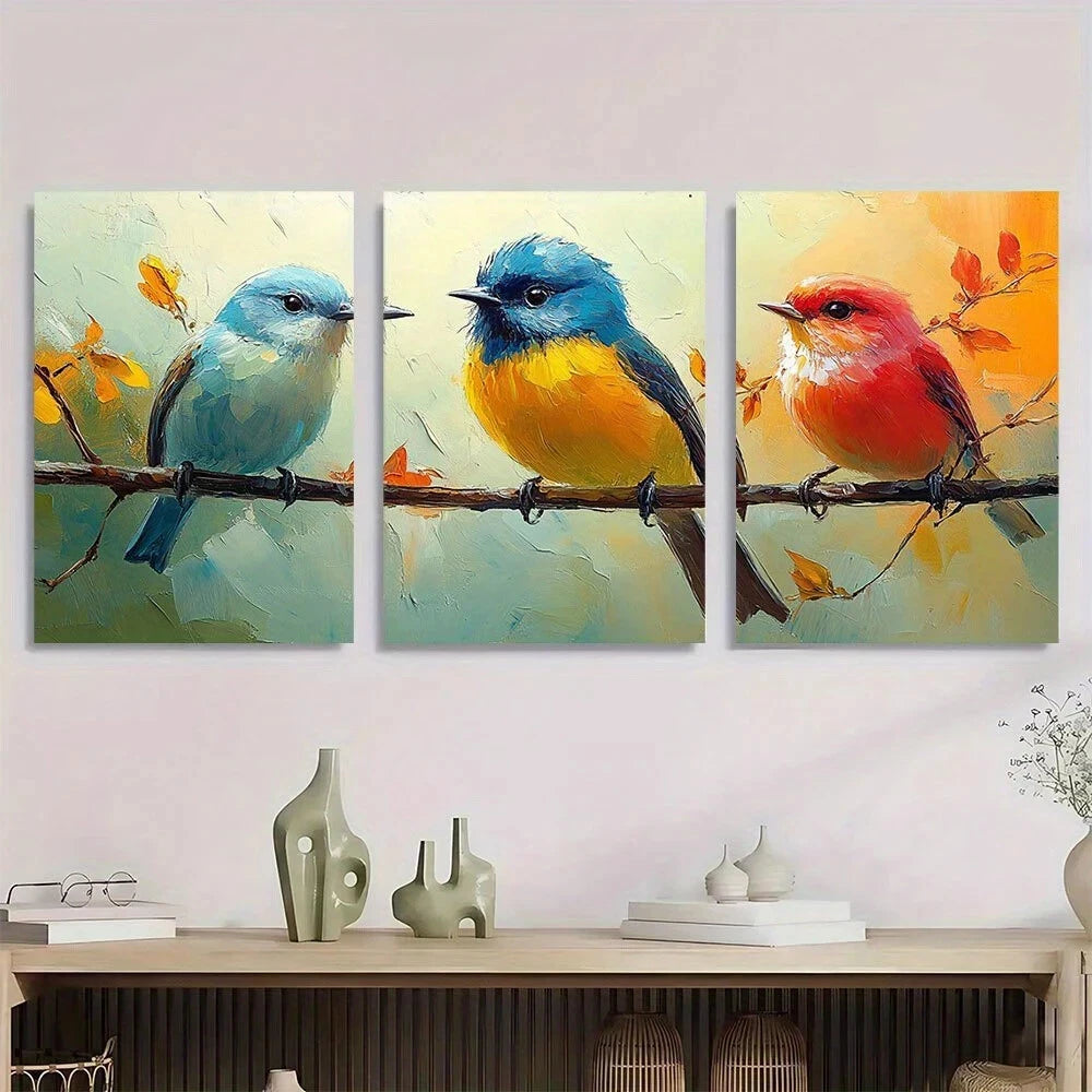 3pcs Colourful Birds Are On Branches Metal Print Ready to Hang Art
