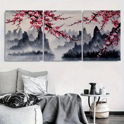 3pcs Misty Mountain Cherry Blossom Metal Print Ready to Hang Art