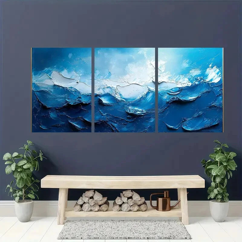 3pcs Acrylic PaintingModern Blue Abstract Painting Metal Print Ready to Hang Art