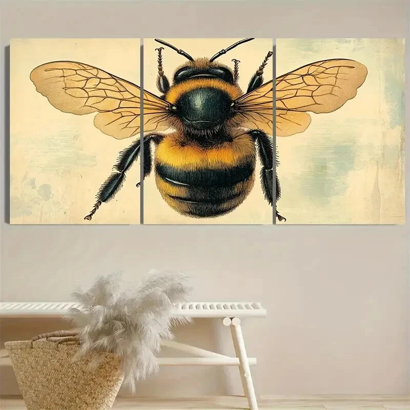 3pcs Vibrant Bumblebee Lithograph Metal Print Ready to Hang Art