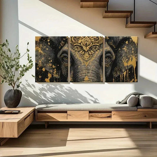 3pcs Golden Elephant Art Intricate Design Metal Print Ready to Hang Art