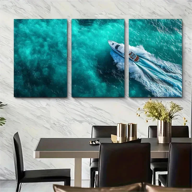 3pcs Stunning Aerial Seascape Boat J Wall Art Set Canvas Framed 60x90cm - High Quality Print 100% Australian Made Wall Canvas Ready to Hang