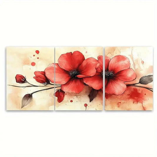 3pcs Elegant Blooming Red Floral Watercolor Wall Art Set Canvas Framed 60x90cm - High Quality Print 100% Australian Made Wall Canvas Ready to Hang
