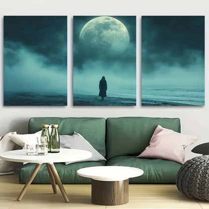3pcs Ghostly Figure Full Moon & Foggy Night Scene Metal Print Ready to Hang Art