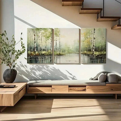 3pcs Forest Reflection Serene Lake Birch Trees Wall Art Set Canvas Framed 40x60cm - High Quality Print 100% Australian Made Wall Canvas Ready to Hang