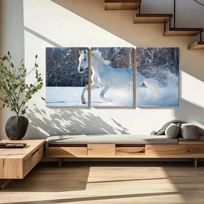 3pcs Elegant White Horse in Snowy Landscape Wall Art Set Canvas Framed 40x60cm - High Quality Print 100% Australian Made Wall Canvas Ready to Hang