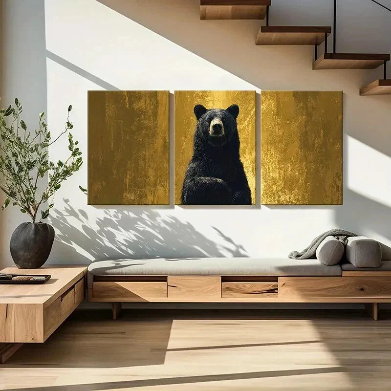 3pcs Black Bear Golden Background Forest Theme Metal Print Ready to Hang Art
