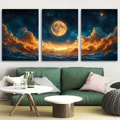 3pcs Mystical Moonrise Over Golden Clouds Metal Print Ready to Hang Art