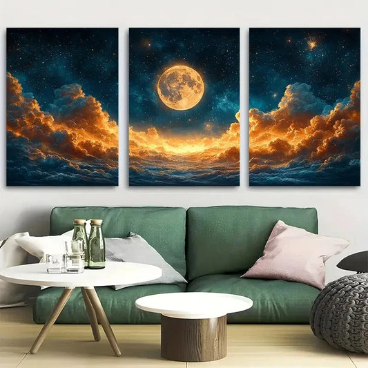3pcs Mystical Moonrise Over Golden Clouds Metal Print Ready to Hang Art