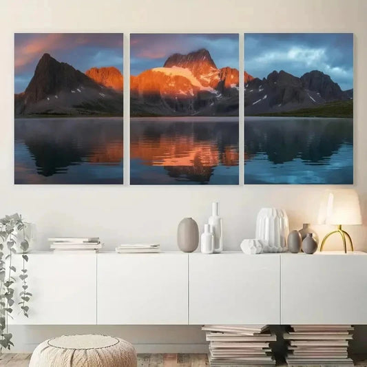 3pcs Snowy Mountains Golden Reflection Painting Metal Print Ready to Hang Art