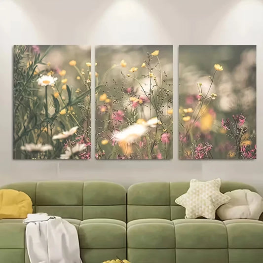 3pcs Botanical Meadow Scene with Flowers Metal Print Ready to Hang Art