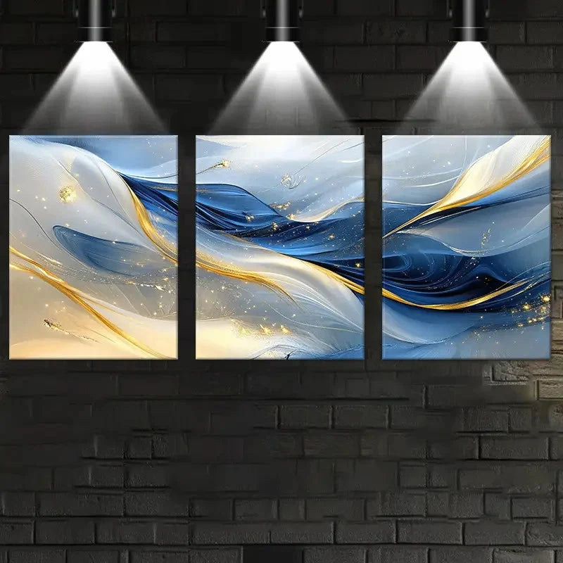3pcs Abstract Blue & Golden Marble -like Metal Print Ready to Hang Art