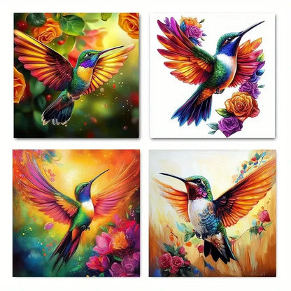 4pcs Vibrant Hummingbird & Floral Wall Art Canvas Framed