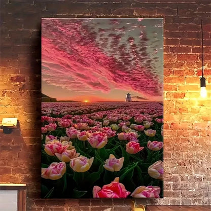 Vibrant Pink Tulips & Sunset Sky 60x90cm Metal Print Ready to Hang