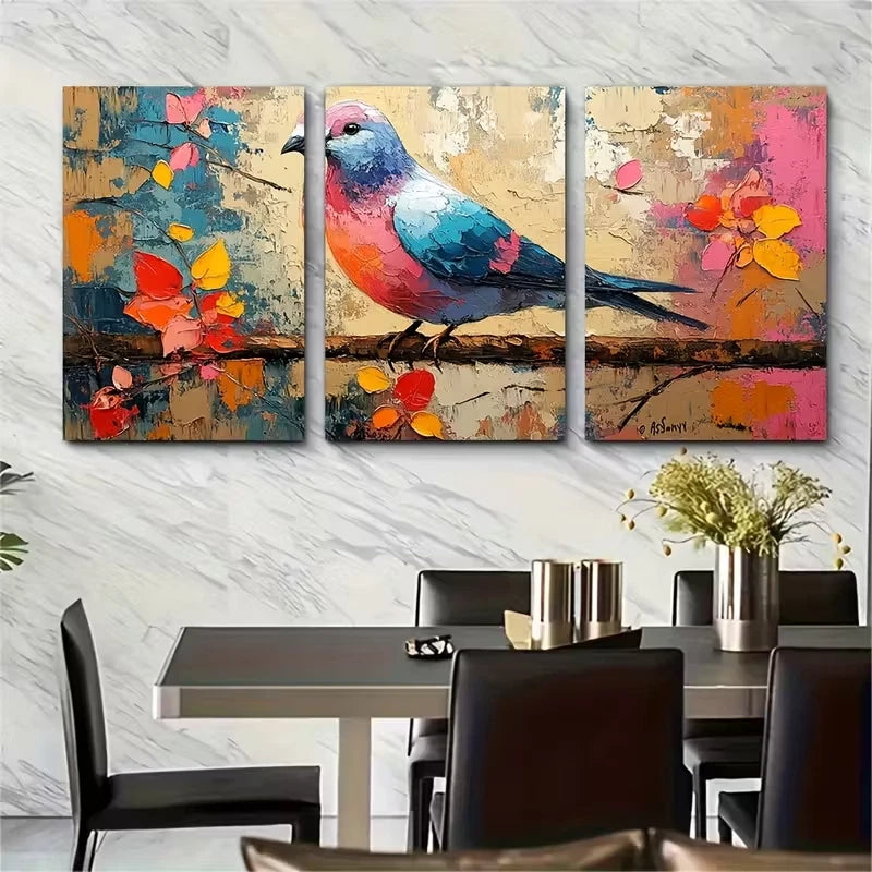 3pcs Colorful Pigeon Impasto Painting Metal Print Ready to Hang Art
