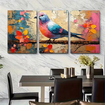 3pcs Colorful Pigeon Impasto Painting Metal Print Ready to Hang Art