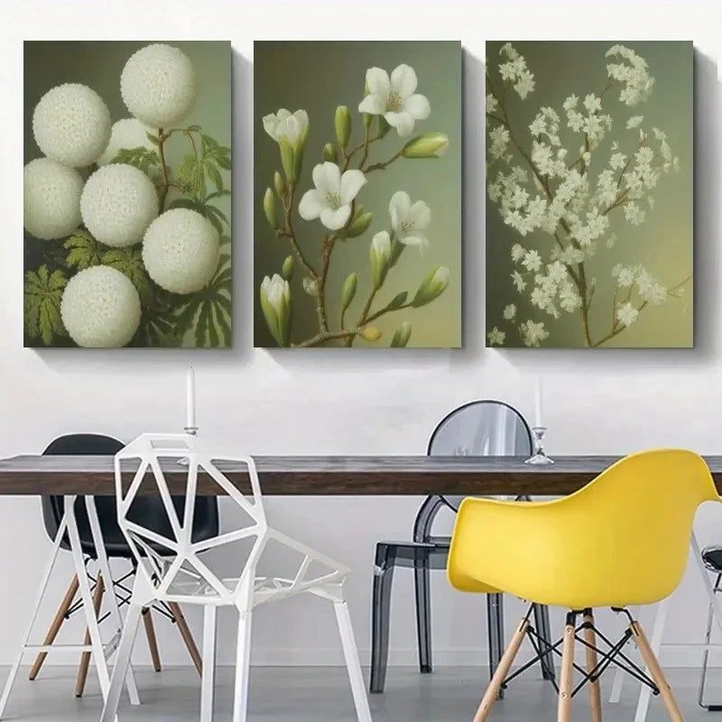 3pcs White Flowers Green Leaves Painting Metal Print Ready to Hang Art