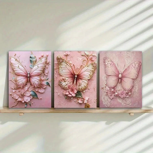 3pcs Elegant Pink Butterfly Painting Metal Print Ready to Hang Art