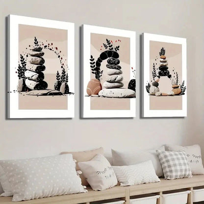 3pcs Abstract Stone Plant Art Zen Stone Stacked Wall Art Set Canvas Unframed - High Quality Print 100% Australian Made Wall Canvas
