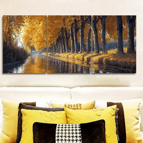3pcs Golden Autumn River Trees Wall Art Set Canvas Unframed - High Quality Print 100% Australian Made Wall Canvas