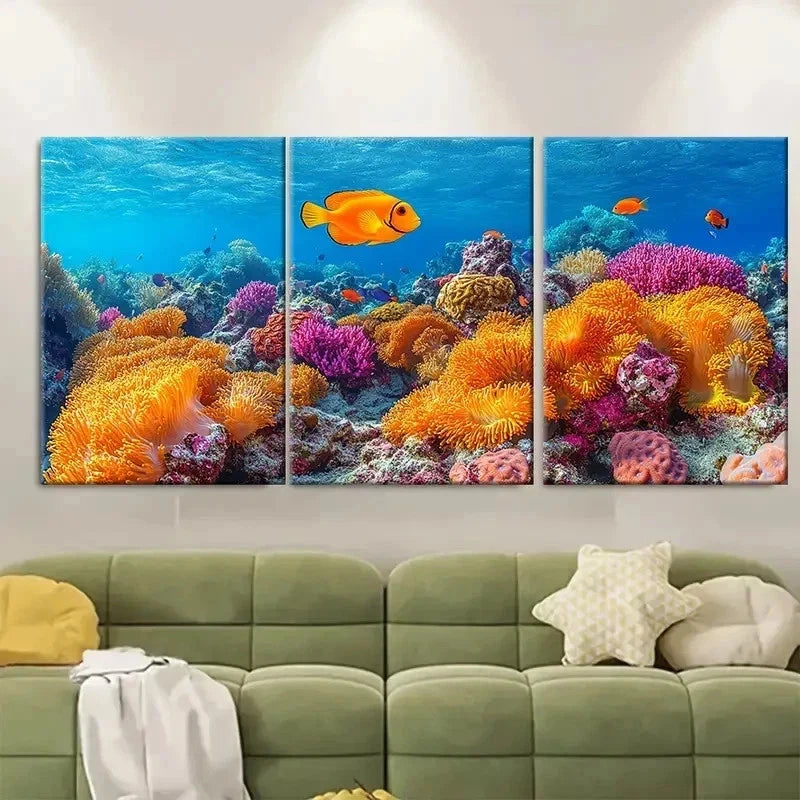 3pcs Underwater Paradise with Marine Life NJ Wall Art Set Canvas Framed 50x70cm - High Quality Print 100% Australian Made Wall Canvas Ready to Hang