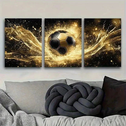 3pcs Golden Soccer with Black & Golden Football Metal Print Ready to Hang Art