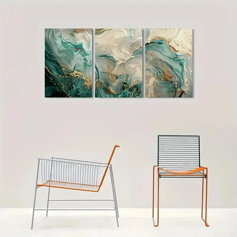 3pcs Abstract Teal White & Golden Swirls Metal Print Ready to Hang Art