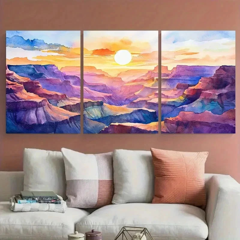 3pcs Radiant Canyon Sunset Watercolor Painting Wall Art Set Canvas Framed 40x60cm - High Quality Print 100% Australian Made Wall Canvas Ready to Hang