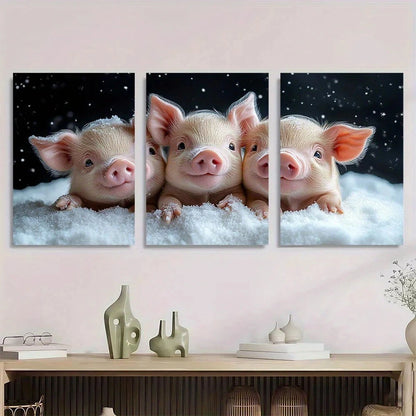 3pcs Cute Little Pigs in Snowy Winter Scene Metal Print Ready to Hang Art