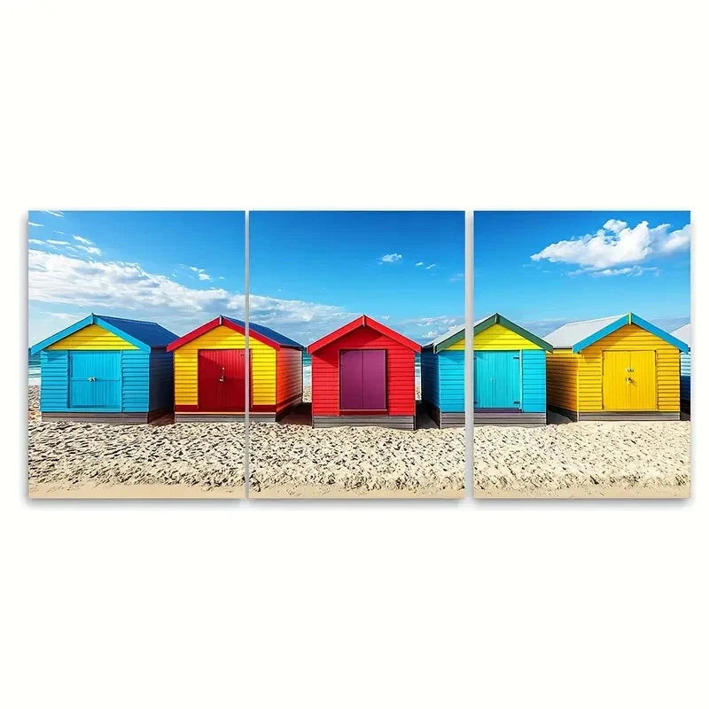 3pcs Vibrant Melbourne Beach Huts Australian Wall Art Set Canvas Framed 60x90cm - High Quality Print 100% Australian Made Wall Canvas Ready to Hang