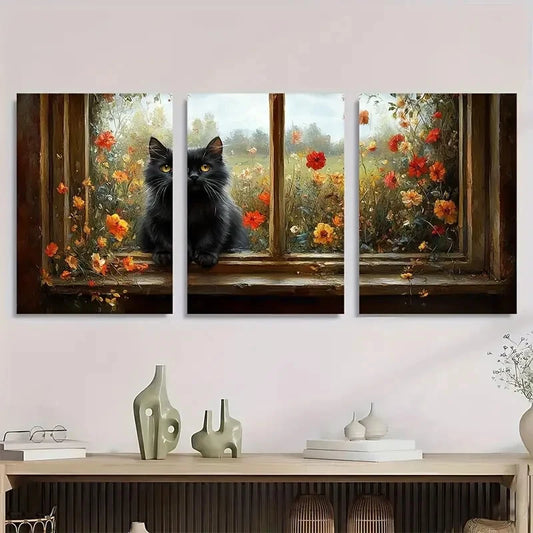 3pcs Black Cat On Window Sill Garden Metal Print Ready to Hang Art
