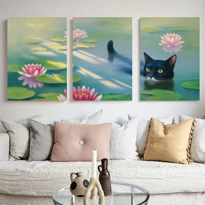 3pcs Vibrant Nature Black Cat & Water Lilies Metal Print Ready to Hang Art