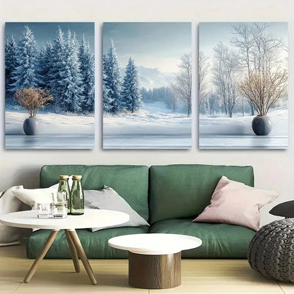 3pcs Snowy Forest Landscape with Pine Trees Metal Print Ready to Hang Art