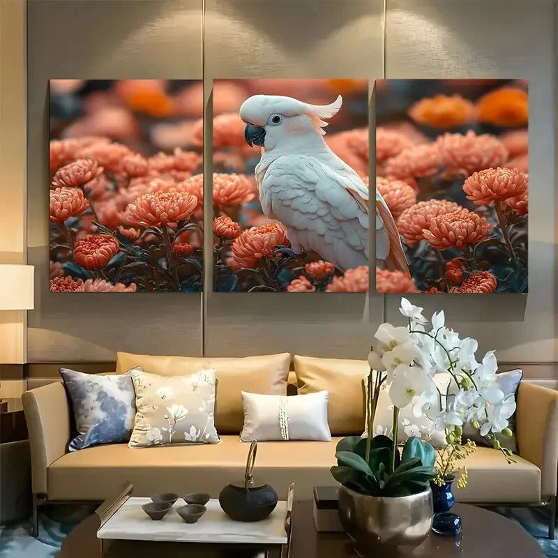 3pcs White Cockatoo Chrysanthemum Design Metal Print Ready to Hang Art