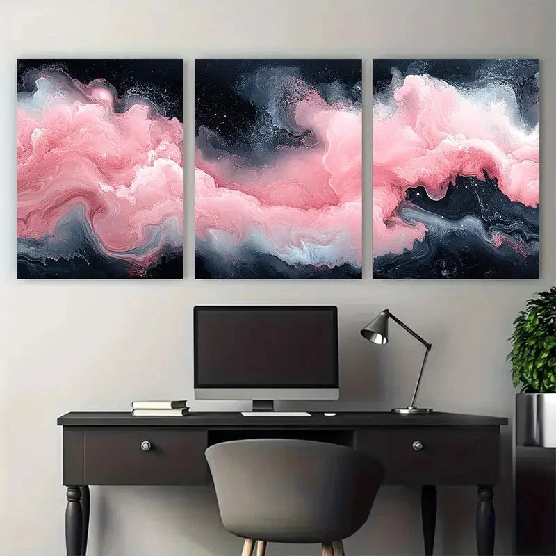 3pcs Abstract Marble Pink Black and White Flowing Metal Print Ready to Hang Art
