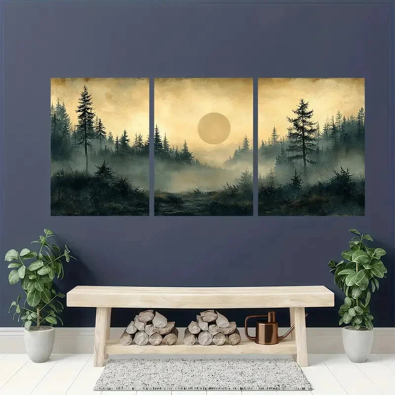 3pcs Vintage Nature Sketch with Pine Trees Metal Print Ready to Hang Art