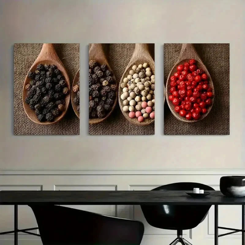 3pcs Four Types of Pepper on Kitchen Metal Print Ready to Hang Art