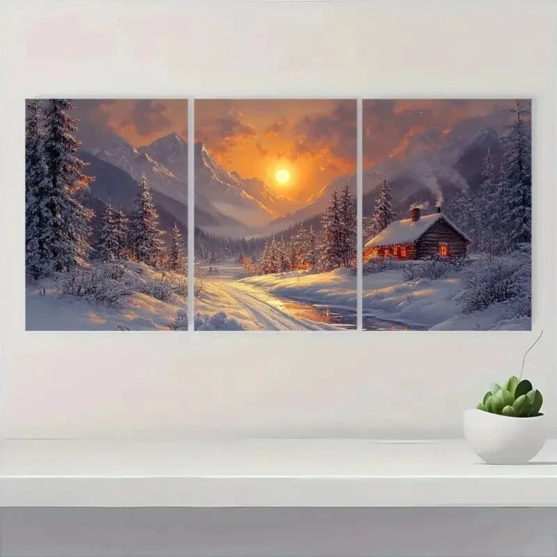 3pcs Snowy Mountain Landscape Cozy Cabin Scene Metal Print Ready to Hang Art