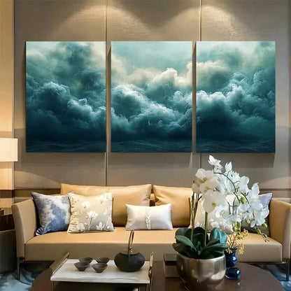 3pcs Minimalist White Cloud on Green Metal Print Ready to Hang Art